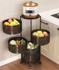 “360° Rotating Kitchen Vegetable Rack – Multi-Layer, Floor-Standing, Round Storage Organizer with Basket”